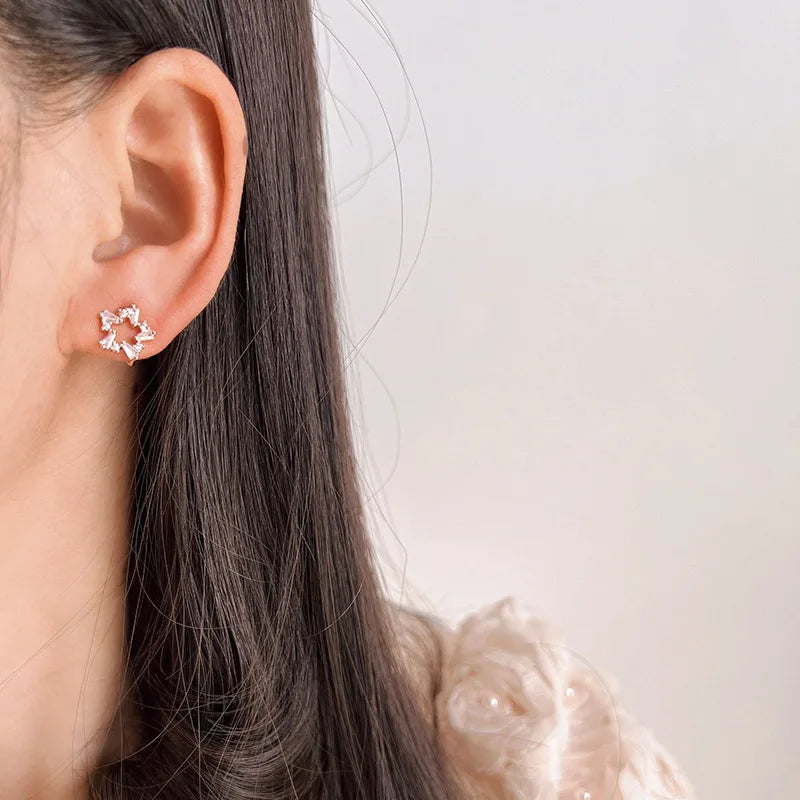 Elegant Hollow Star Zircon Stud & Clip On No Piercing Rose Gold Plated Five Point Hoop Earrings