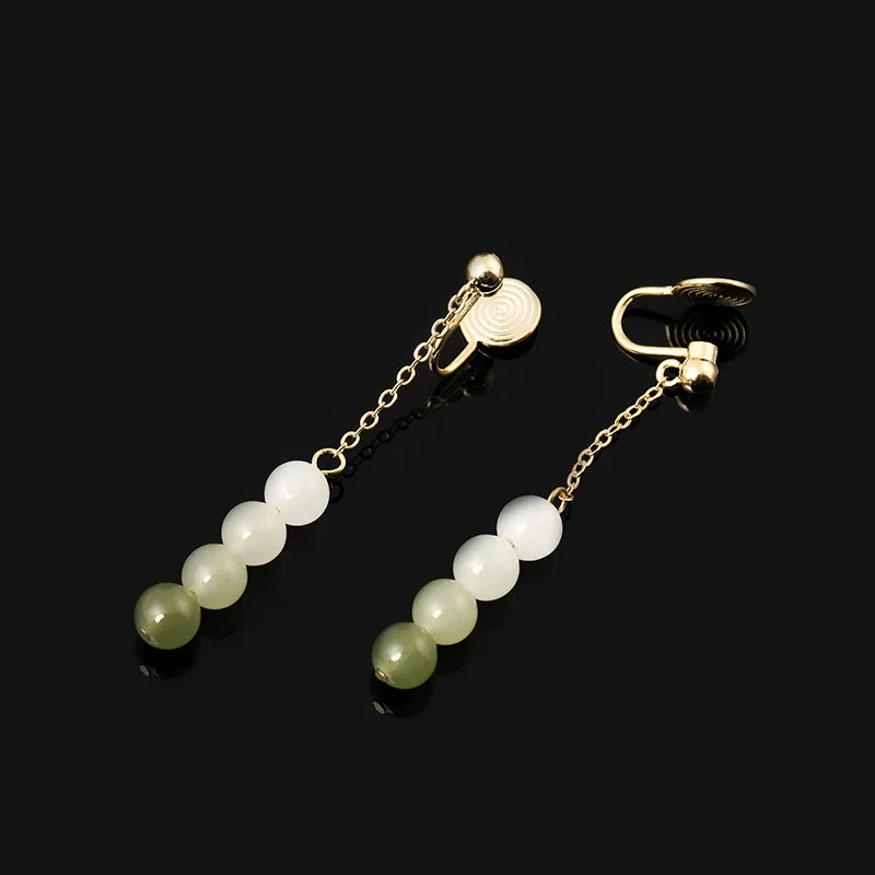 Vintage Chinese Style Gradient Jade Bead Tassel Alloy Spiral Disc Stud & Clip On No Piercing Earrings