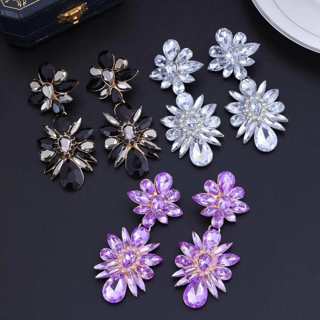 Luxury Purple Rhinestone Crystal Flower Alloy Drop Earrings For Women Wedding Party Banquet Jewelry Gift