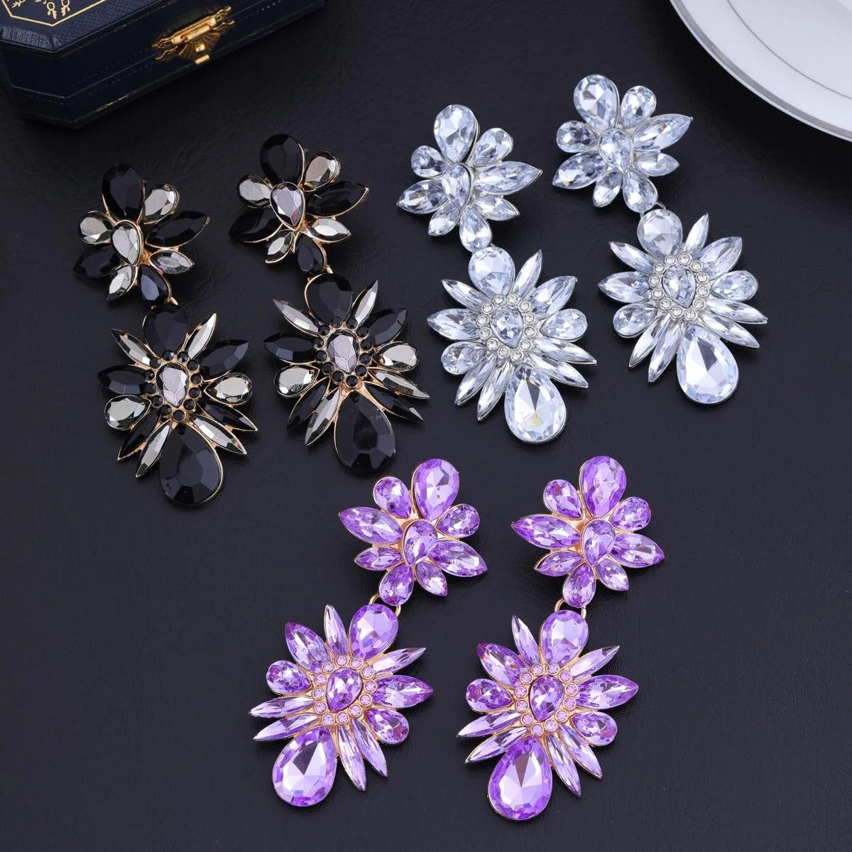 Luxury Purple Rhinestone Crystal Flower Alloy Drop Earrings For Women Wedding Party Banquet Jewelry Gift