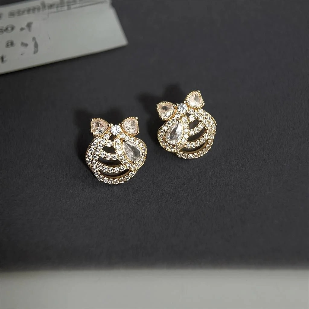 Sweet Ocean Style 14K Plated Copper Bow Shell Micro Pave Zircon Stud Earrings