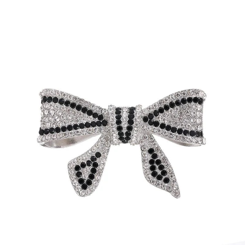 Elegant Black White Rhinestone Bow Brooch, Luxury Alloy Lapel Pin Corsage For Suit Coat Gift