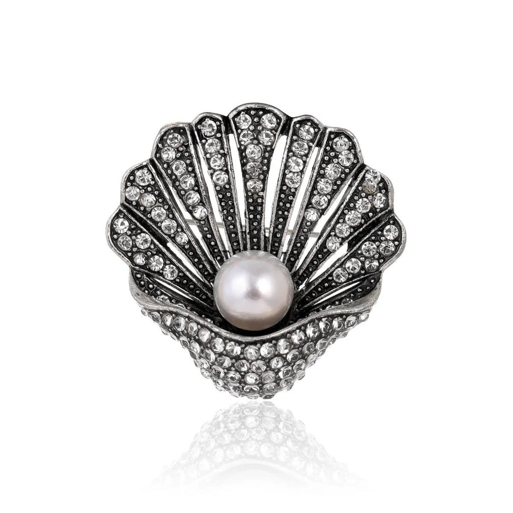 Vintage Rhinestone Shell Brooch With Faux Pearl, Elegant Gold Tone Lapel Pin Suit Accessory Gift