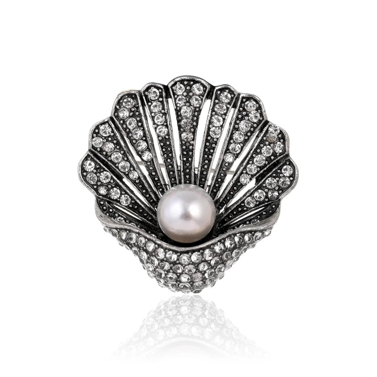 Vintage Rhinestone Shell Brooch With Faux Pearl, Elegant Gold Tone Lapel Pin Suit Accessory Gift