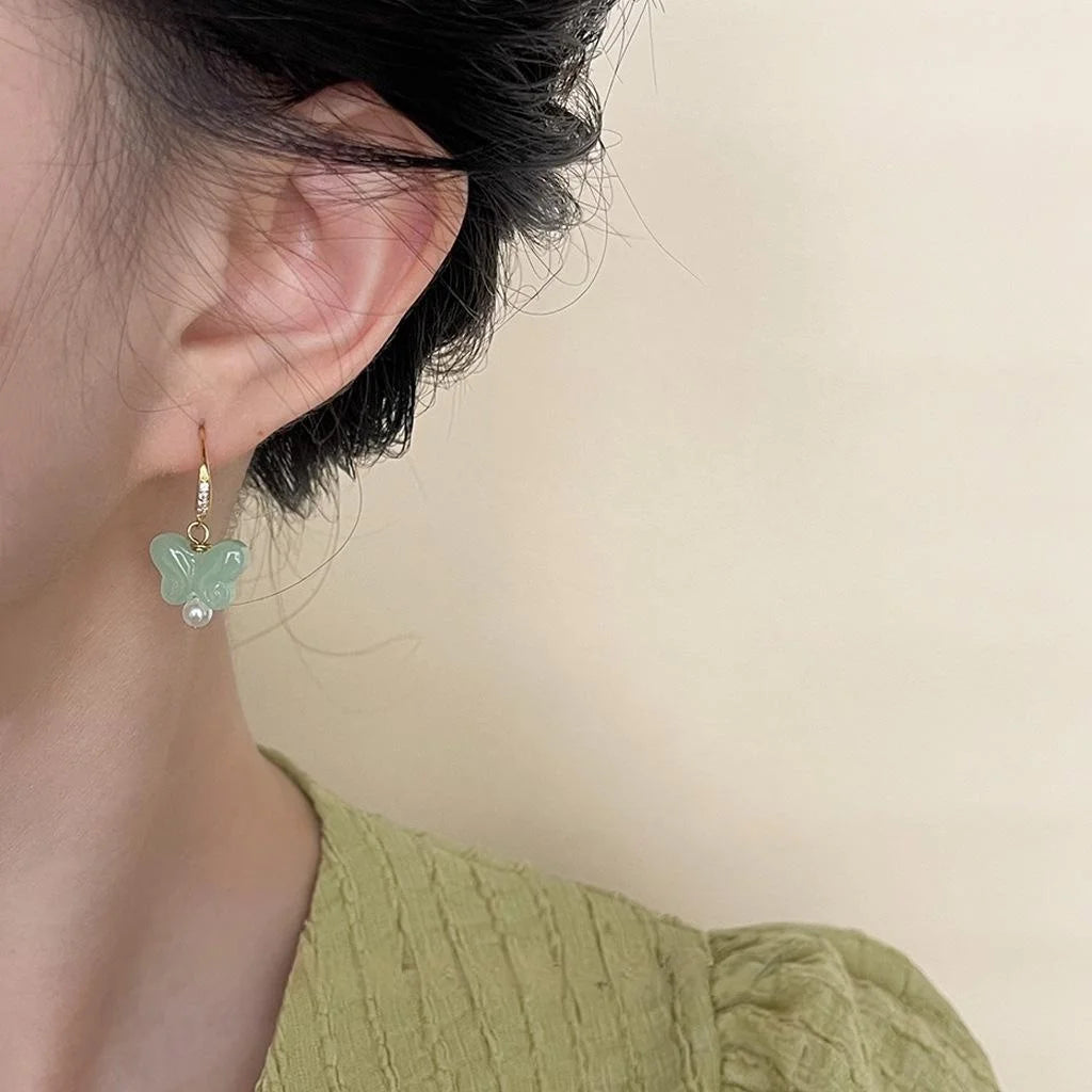 New Chinese Style Jade Glass Butterfly Pearl Drop Earrings French Vintage Handmade Jewelry