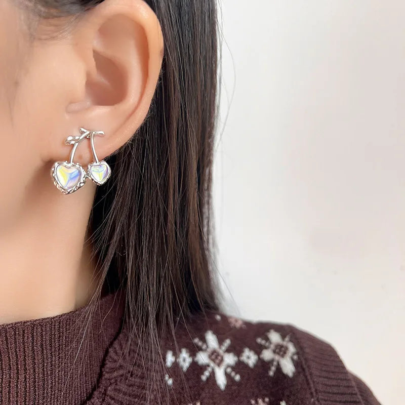 Elegant Silver Alloy Cherry Heart Opal Fruit Drop Stud & Clip On No Piercing Fashion Earrings