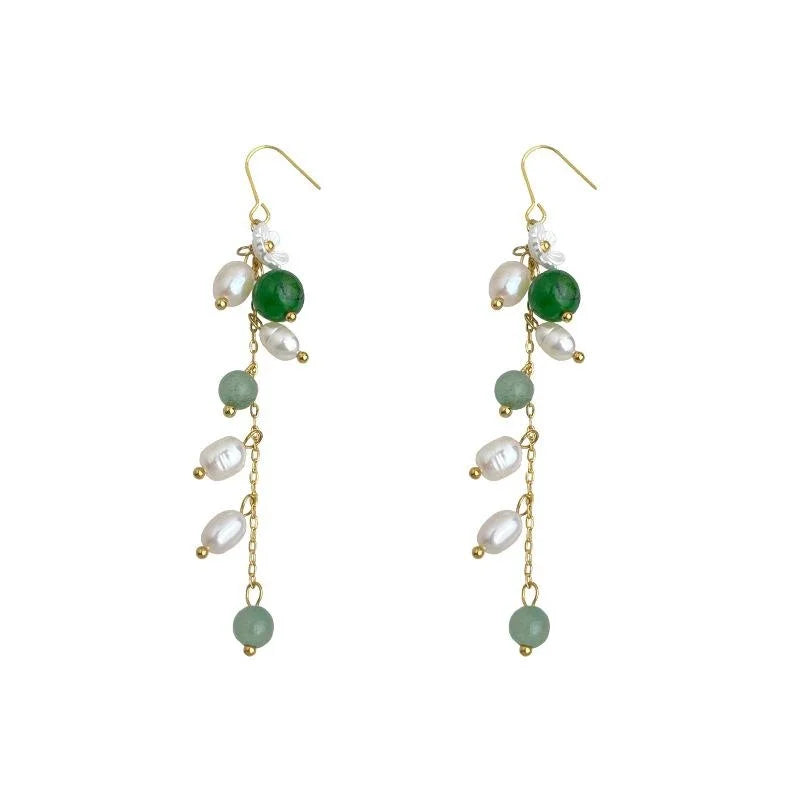 Natural Freshwater Pearl Stone Long Tassel Flower Leaf Drop Earrings New Chinese Vintage Jewelry