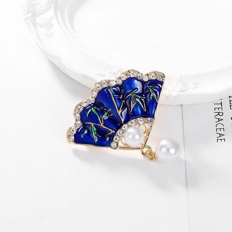 Vintage Chinese Fan Brooch With Blue Enamel Bamboo Rhinestones Pearl Drop, Elegant Lapel Pin Gift