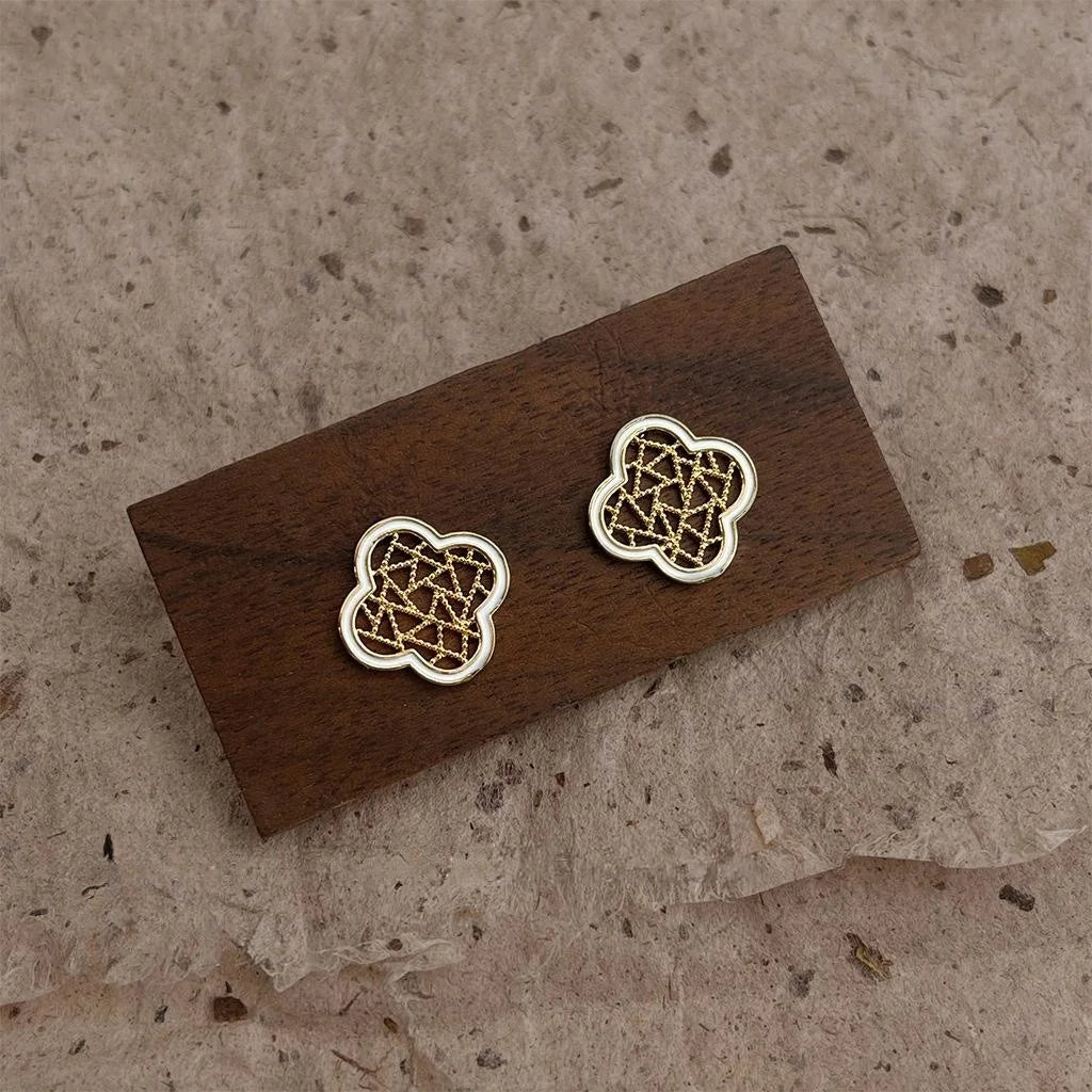 Vintage Floral Geometric Hollow Window Pattern 14K Gold Plated Copper Stud Earrings