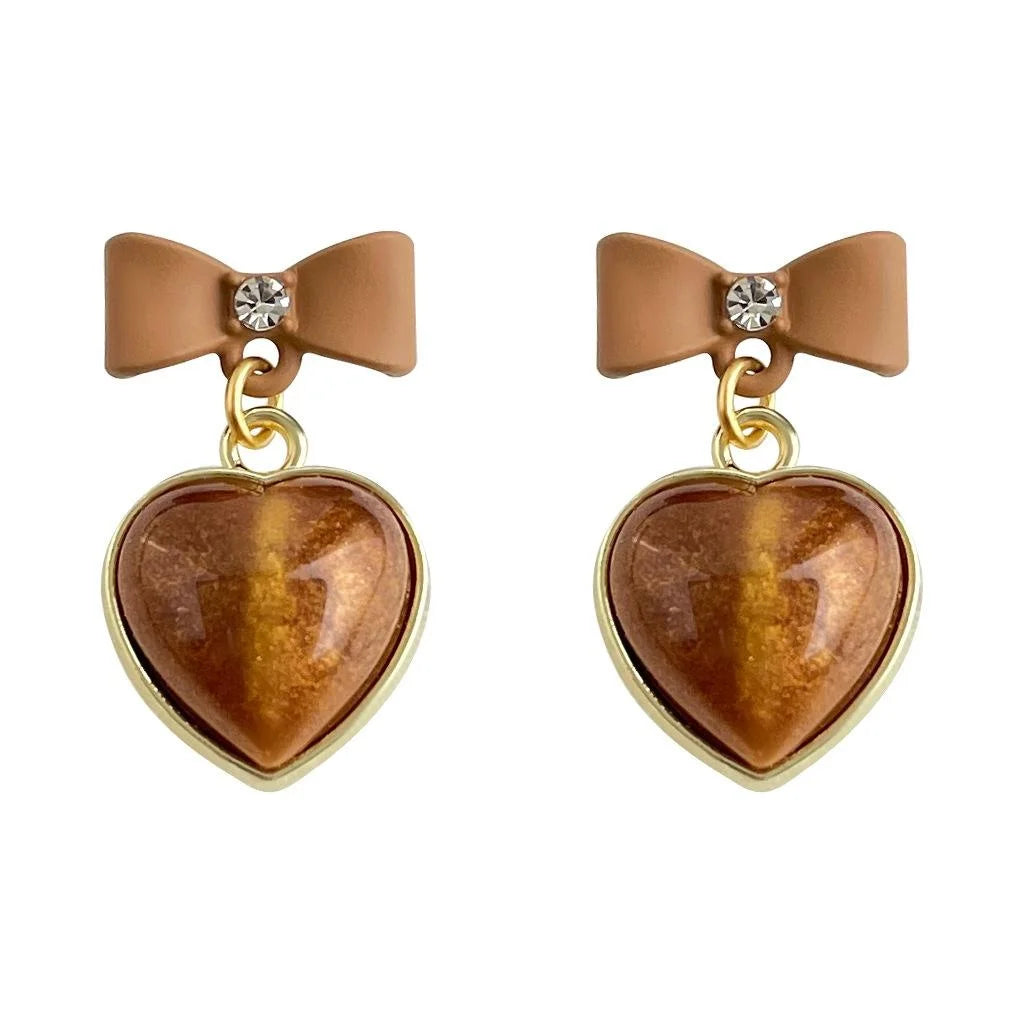 Maillard Brown Earth Tone Bow Heart Tassel Drop Earrings With Resin Rhinestone Copper Enamel