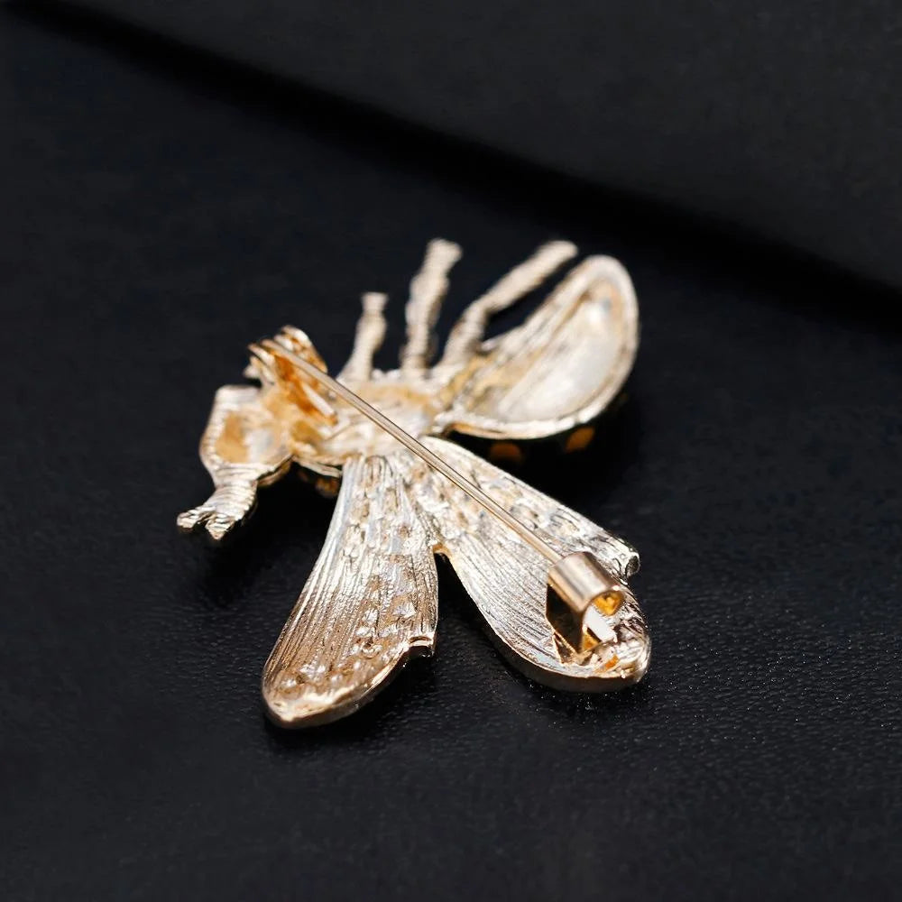 Elegant Enamel Bee Brooch With Rhinestone Wings, Gold Tone Alloy Lapel Pin Corsage Suit Accessory Gift