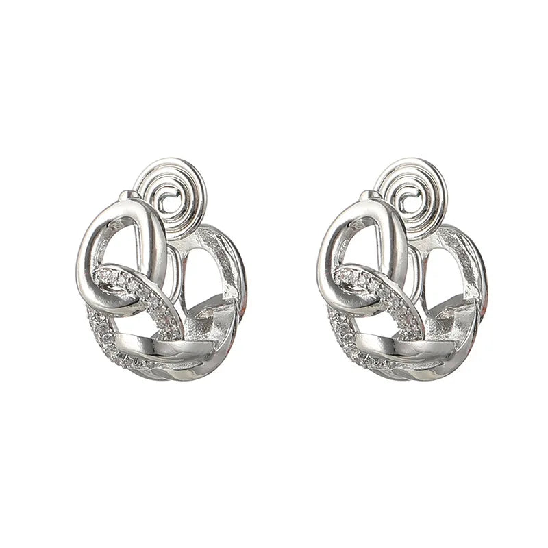 Luxury Gold Alloy Chain Hoop Stud & Clip On No Piercing Rhinestone Chunky Link Women's Earrings