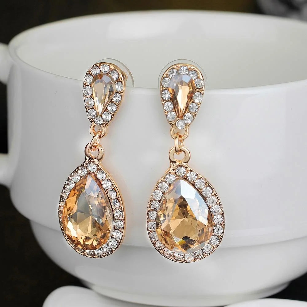 Elegant Champagne Crystal Teardrop Dangle Earrings With Rhinestone Halo For Wedding Party Gift