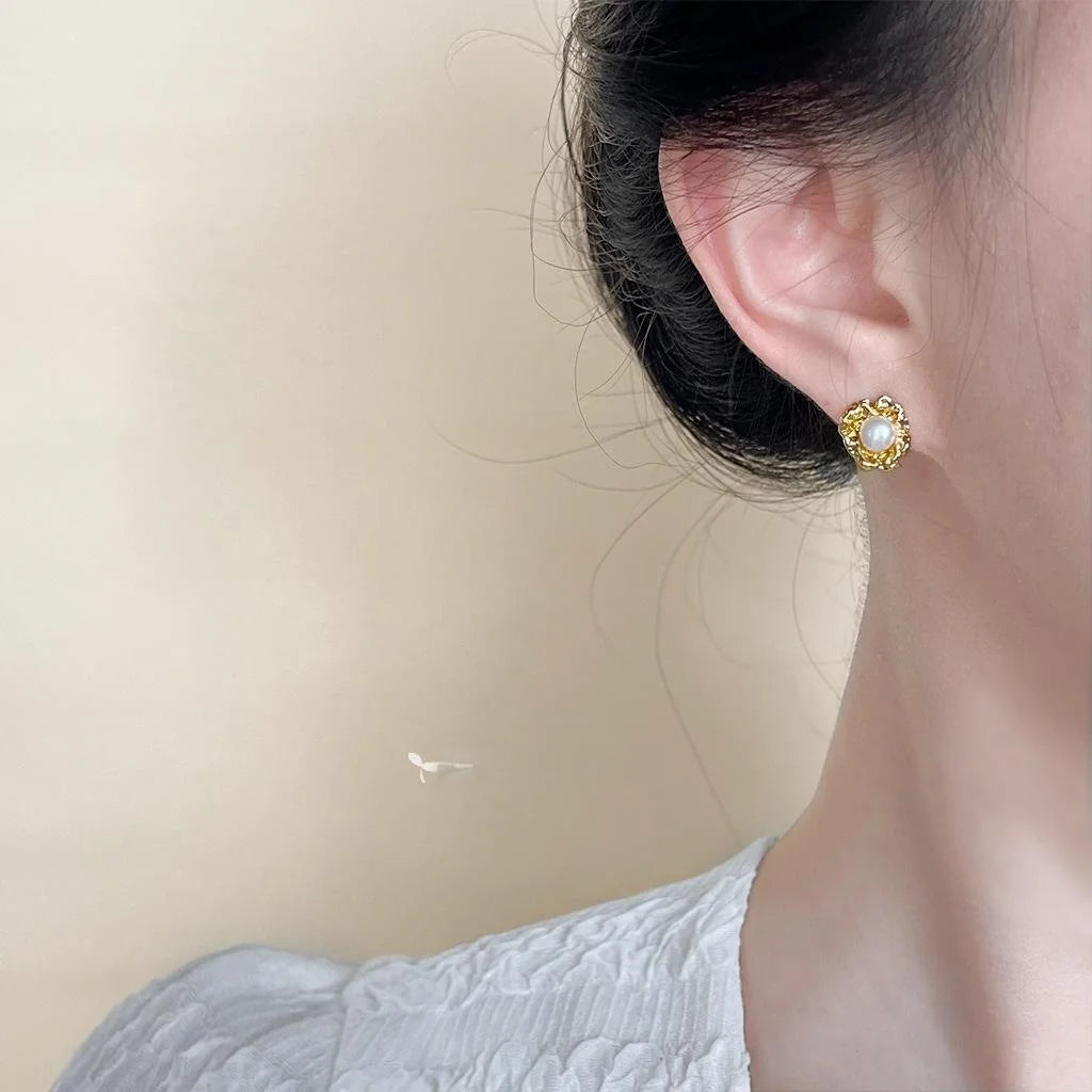14K Plated Copper Freshwater Pearl Stud Earrings Irregular Geometric Minimalist Luxury Jewelry