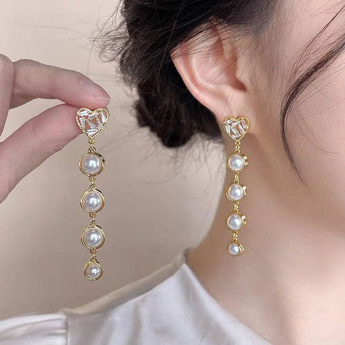 18K Gold Plated Copper Heart Tassel Drop Earrings With Glass Pearl Business Style