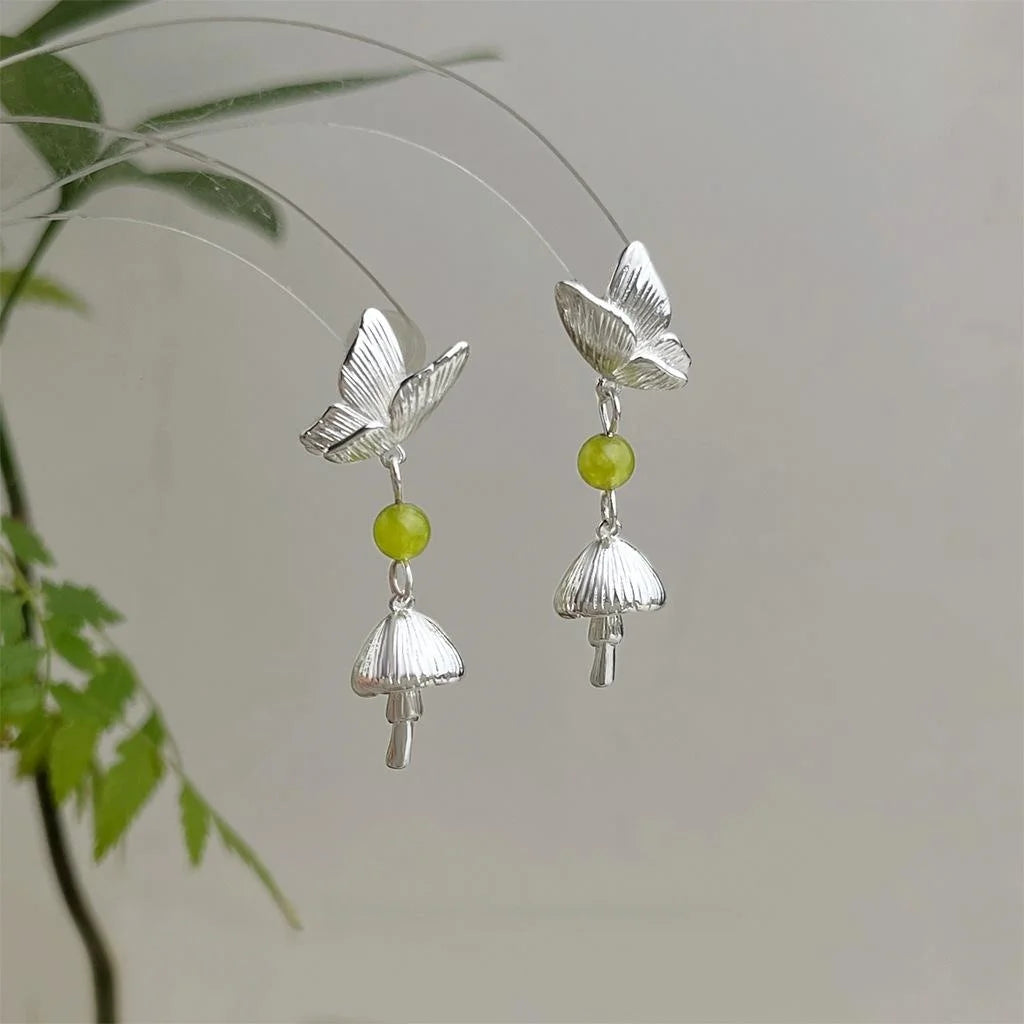 Forest Style Natural Stone Butterfly Mushroom Drop Earrings, Silver Plated Copper