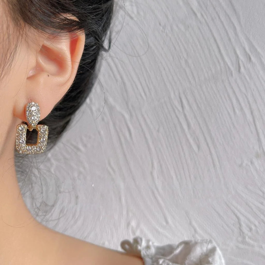 18K Gold Plated Copper Zircon Geometric Rectangle Clip On Drop Earrings