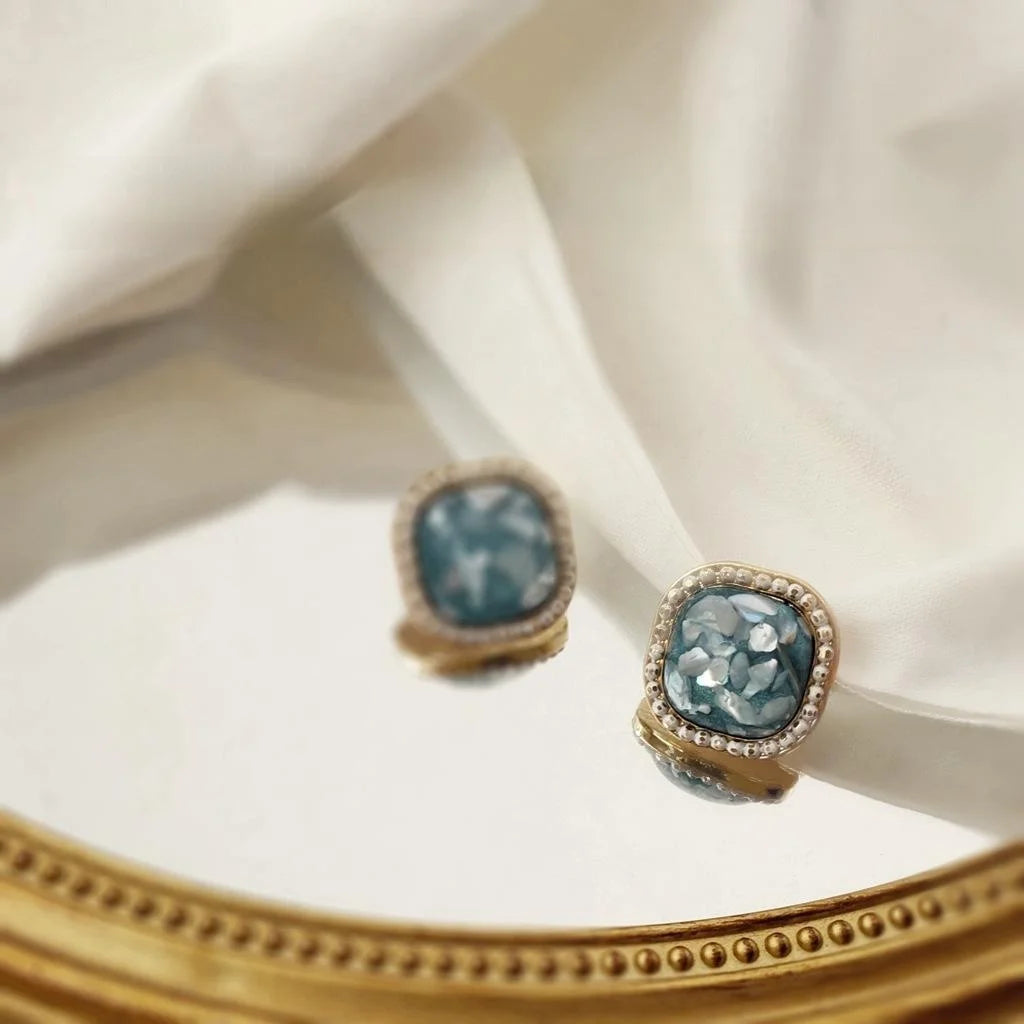 Vintage Green Geometric Square Crushed Shell Copper 14K Gold Plated Stud Earrings For Women