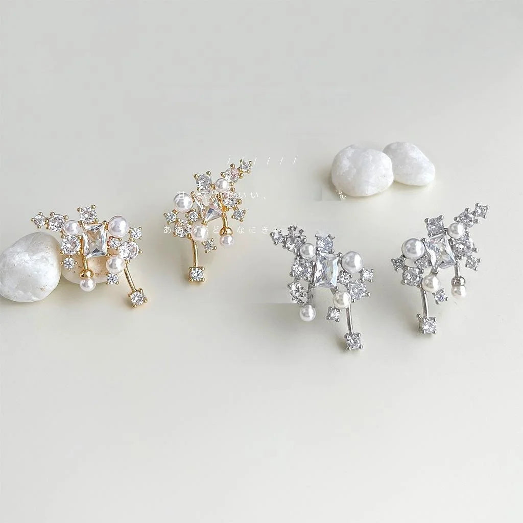 Original Design Sweet Elegant 14K Plated Copper Star Stud Earrings With Pearl And Micro Pave Zircon