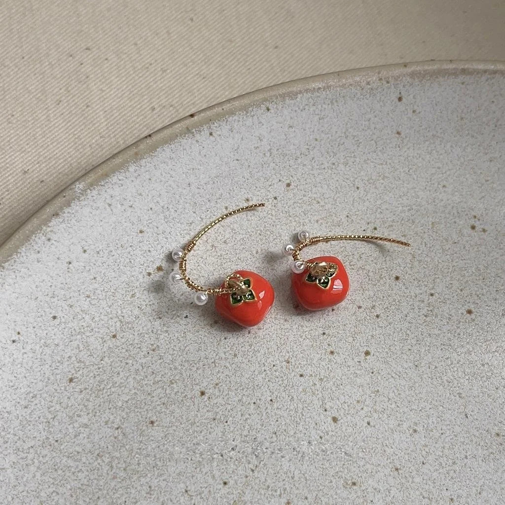 Sweet Floral Heart Fruit Enamel Copper Drop Earrings With Silver Plated Posts
