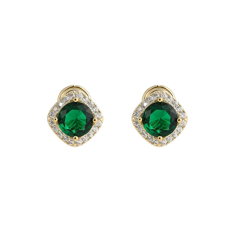 Elegant Luxury Emerald Green Oval Zircon Rhinestone Halo Geometric Stud & Clip On No Piercing Alloy Earrings