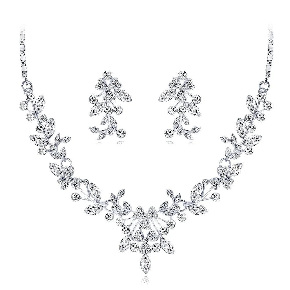 Luxury Bridal Crystal Rhinestone Floral Leaf Necklace Earrings Jewelry Set For Wedding Party Gift