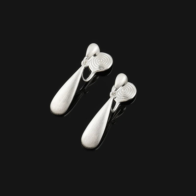 Vintage Silver Alloy Teardrop Spiral Disc Stud & Clip On No Piercing Office Dangle Earrings