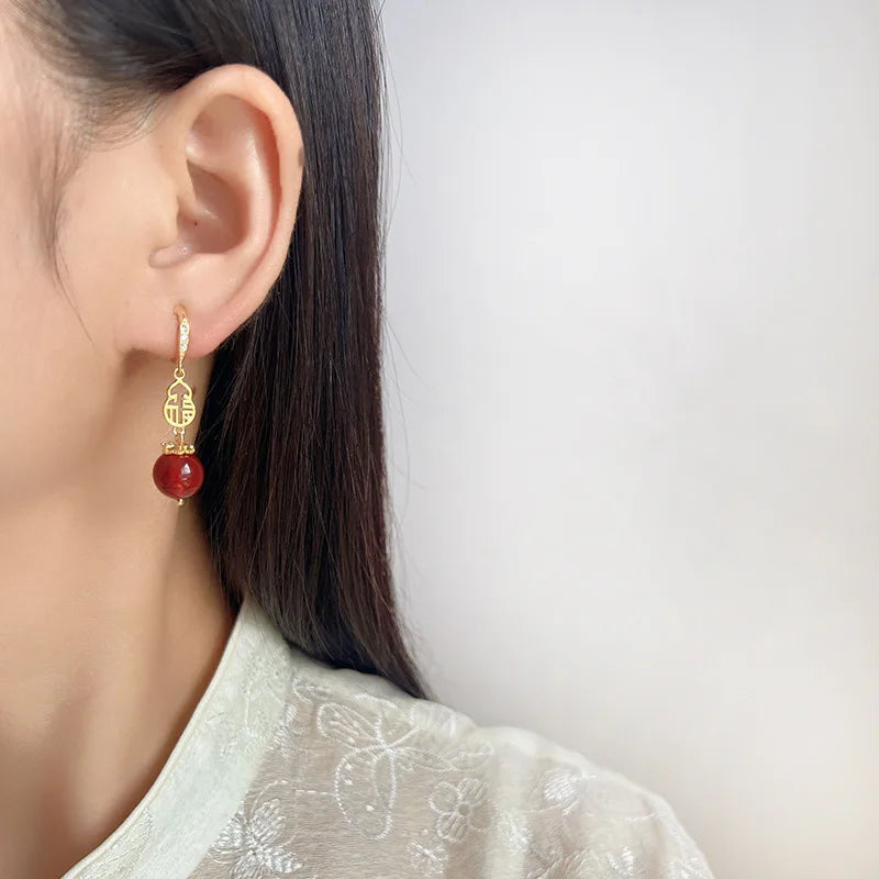 Elegant Chinese Fortune Red Agate Alloy Rhinestone Dangle Stud & Clip On No Piercing Earrings