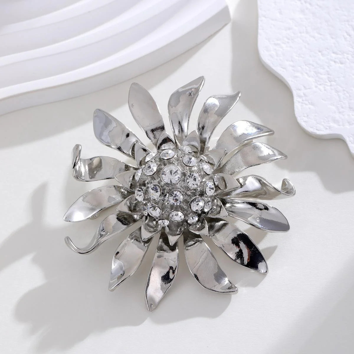 Elegant Silver Alloy Flower Brooch With Rhinestone Center, Luxury Lapel Pin Corsage For Coat Sweater Gift