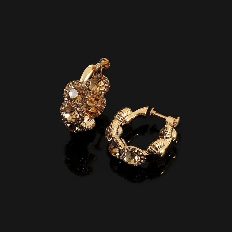 Luxury Coffee Crystal Rhinestone Cluster Hoop Stud & Clip On No Piercing Ear Cuff Earrings