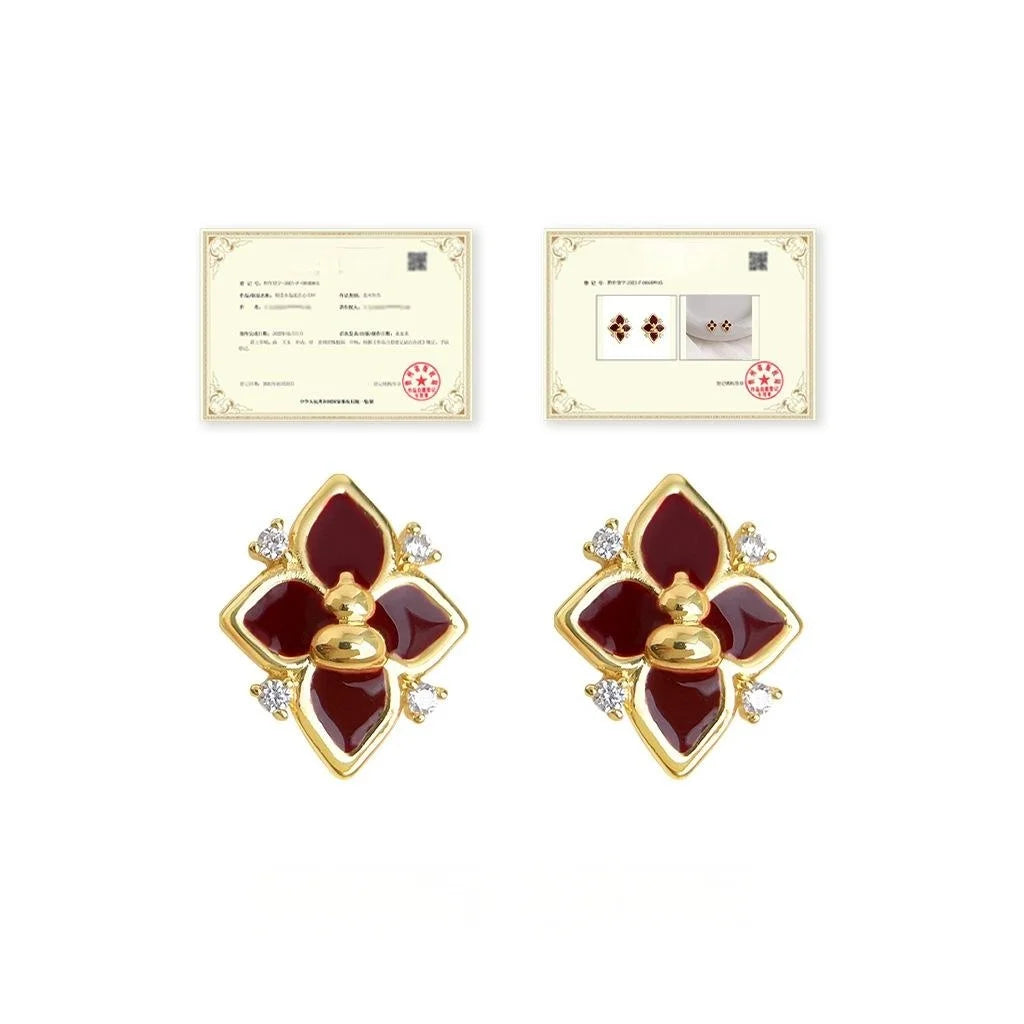 Hepburn Style Burgundy Enamel Gourd Flower Zircon Copper Stud Earrings