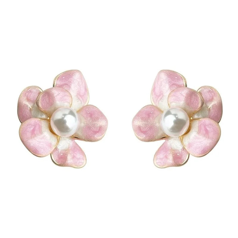 Sweet Pink Gradient Enamel Flower Stud Earrings 14K Plated Copper Elegant Floral Jewelry