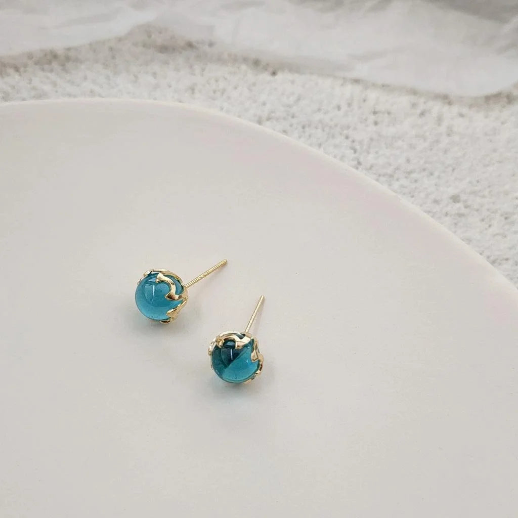 14K Gold Plated Mermaid Tear Glass Stud Earrings Creative Geometric Small Ear Jewelry