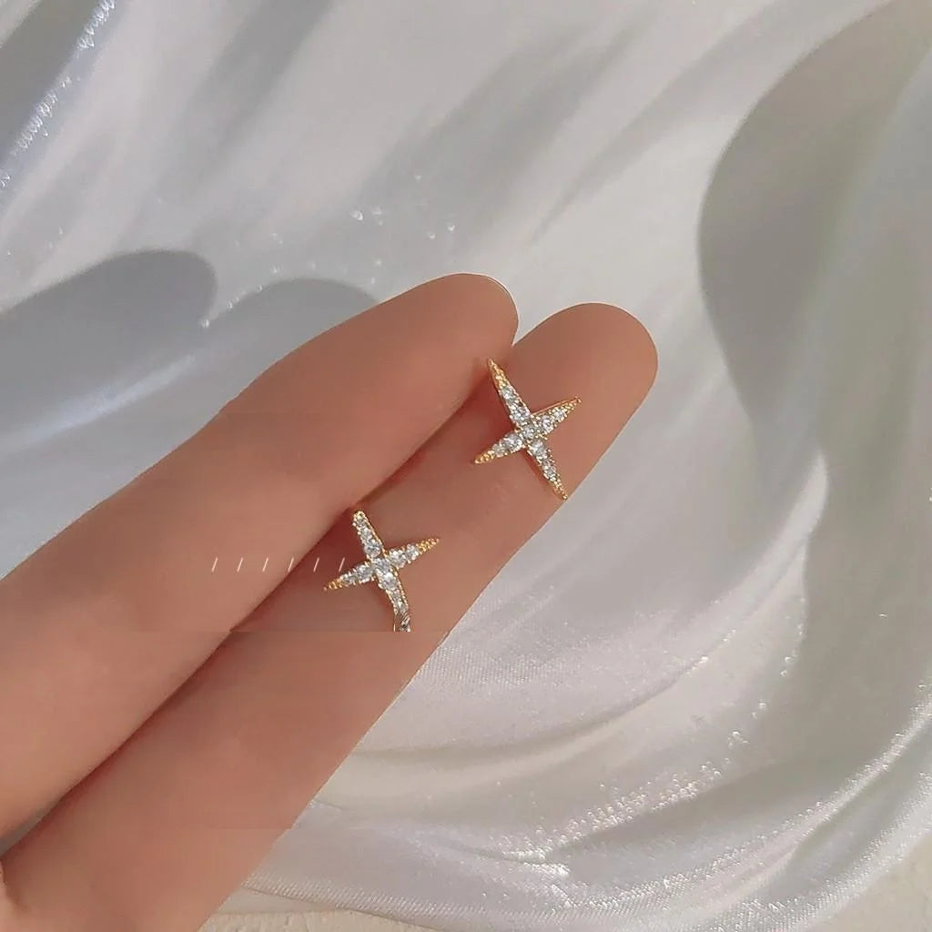 14K Plated Copper Star Cross Stud Earrings With Micro Pave Zircon, Minimalist Korean Style