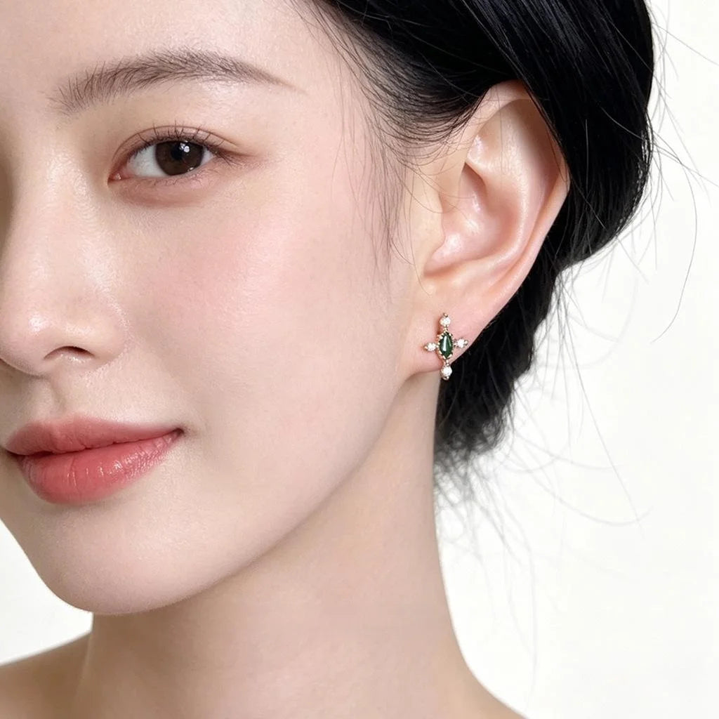 Versatile Copper Zircon Cross Star Stud Earrings Olive Green Micro Pave Geometric Jewelry