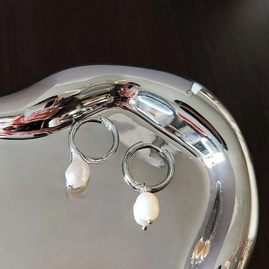 Handmade Silver Tone Copper Freshwater Pearl Round Drop Earrings For Women