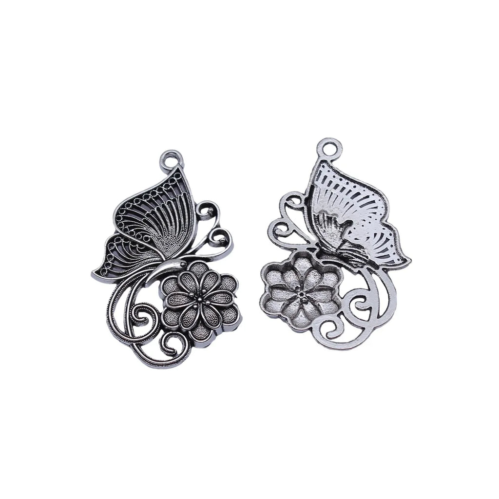 34x21mm 2.2g Antique Silver Zinc Alloy Chinese Style Butterfly Flower Charm Pendant for DIY Jewelry