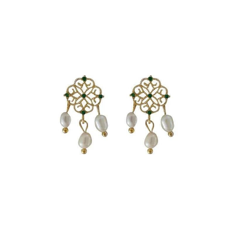 French Vintage Freshwater Pearl Zircon 14K Gold Plated Copper Hollow Lace Dreamcatcher Stud Earrings