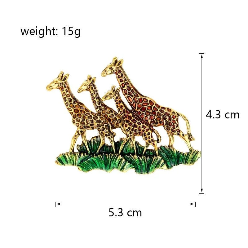 Elegant Enamel Giraffe Herd Brooch With Green Grass, Gold Tone Alloy Lapel Pin Corsage Gift