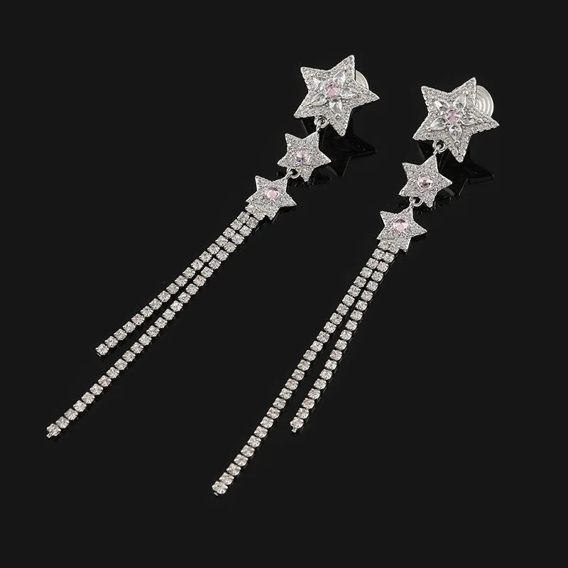 Elegant Luxury Rhinestone Star Charm Long Chain Tassel Stud & Clip On No Piercing Dangle Earrings