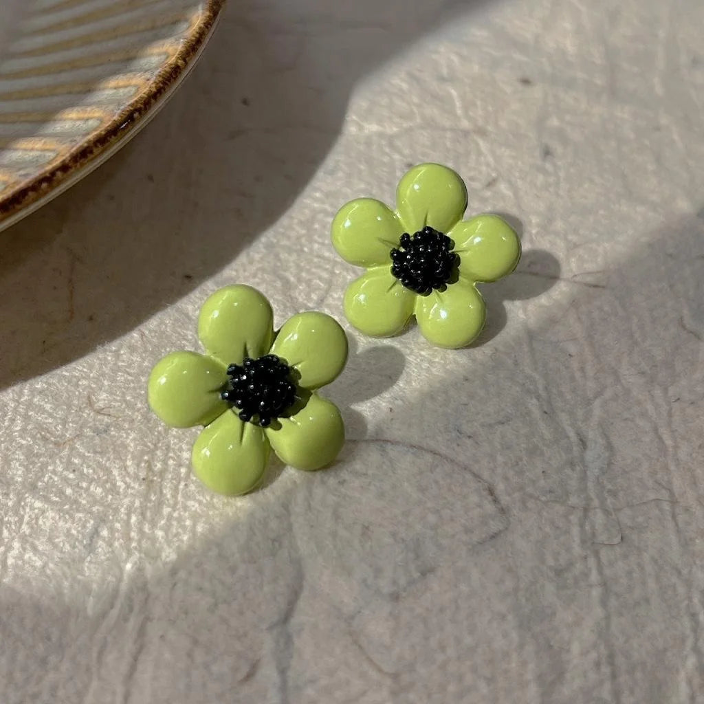 Avocado Green Flower Stud Earrings Silver Plated Metal Fresh Minimalist Summer Jewelry