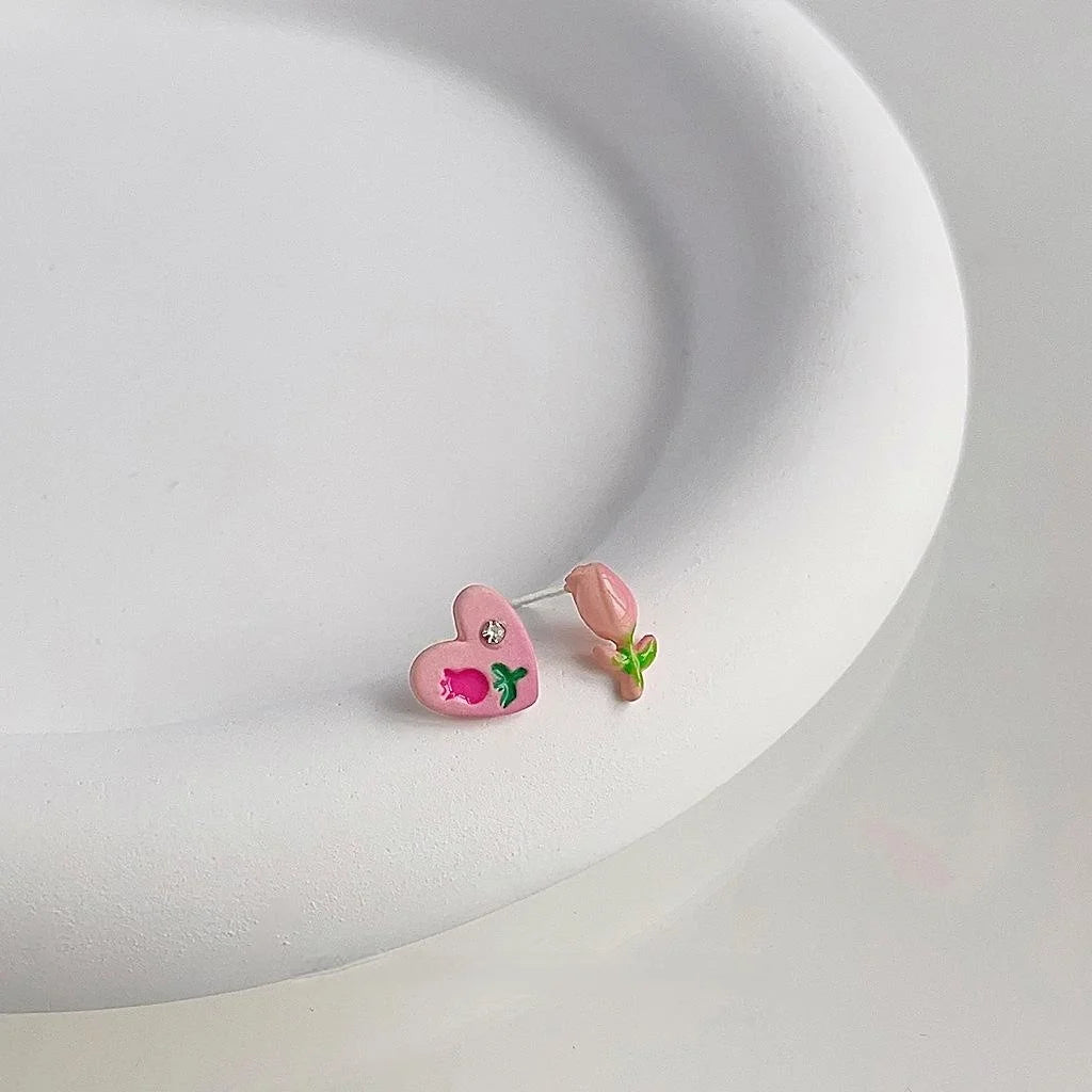 Korean Japanese Cute Pink Flower Butterfly Bear Rabbit Metal Stud Earrings For Women Girls