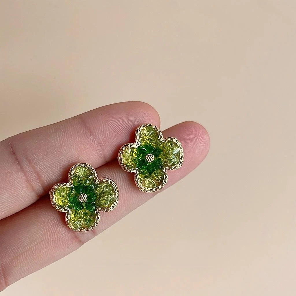 Sweet Forest Green Glass Crystal Flower Petal Stud Earrings, 14K Gold Plated Summer Jewelry