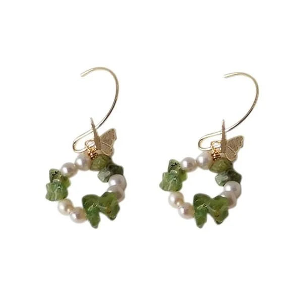 Cute Handmade Freshwater Pearl Green Olive Natural Stone Butterfly Drop Earrings For Women