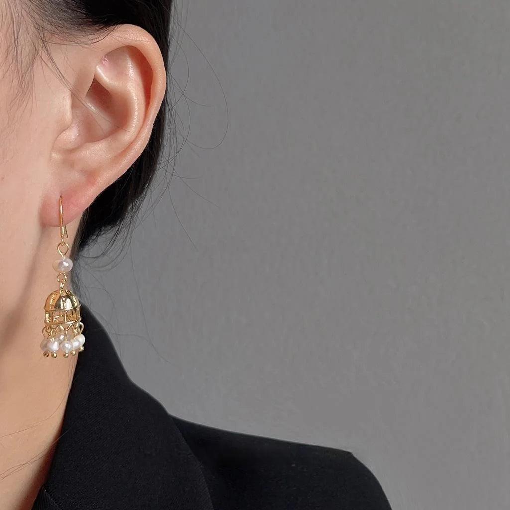 Handmade Freshwater Pearl Tassel Drop Earrings 14K Plated Geometric Light Luxury Jewelry