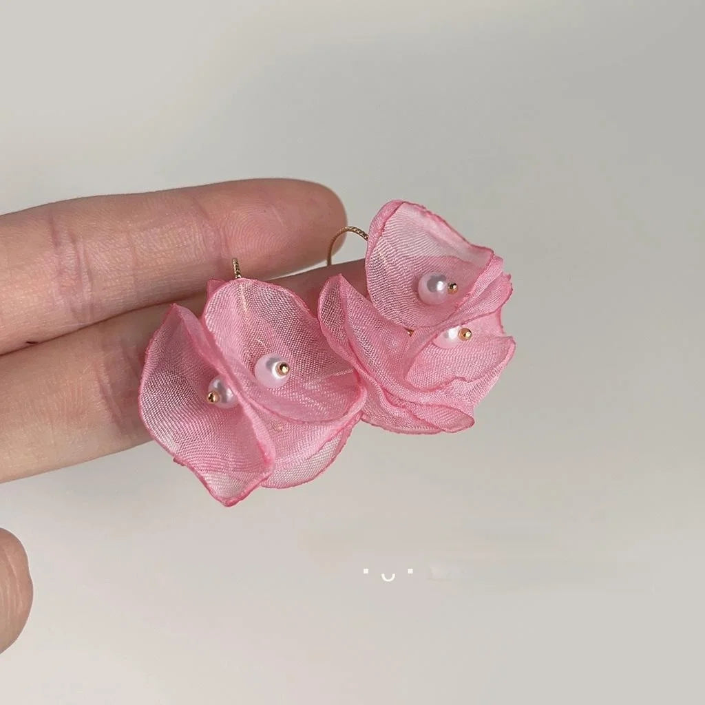 Vacation Style Pink Mesh Handmade Flower Drop Earrings With Lustrous Pearl French Romantic Jewelry