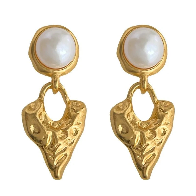 18K Gold Plated Lava Texture Heart Freshwater Pearl French Vintage Drop Earrings