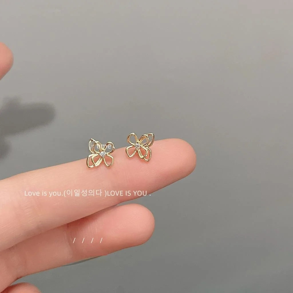 Mini Zircon 14K Plated Copper Hollow Butterfly Stud Earrings Simple Fresh Daily Jewelry