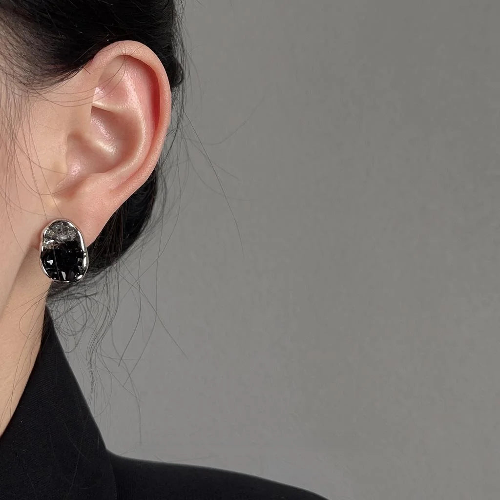 Black Glass Crystal Irregular Geometric Stud Earrings Elegant Handmade Jewelry