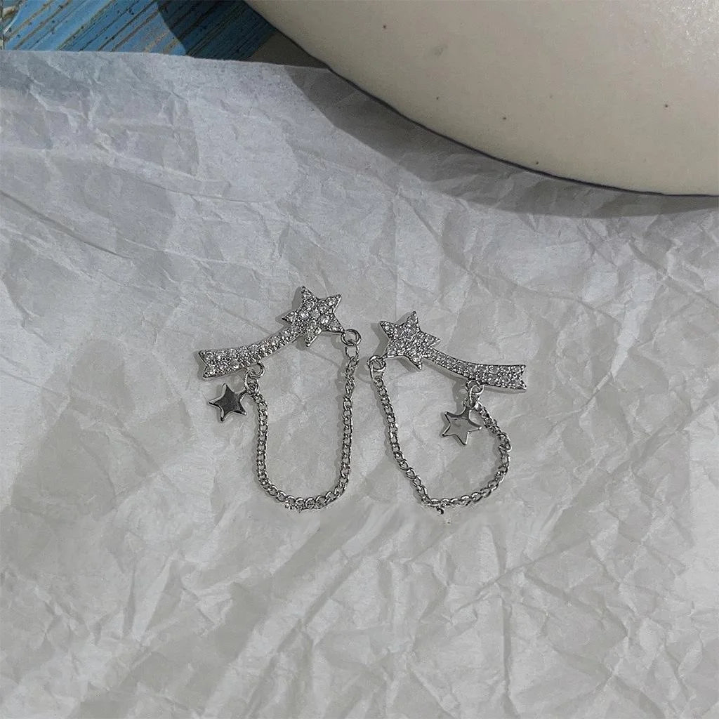 Sweet Cool Star Chain Micro Pave Zircon Copper Stud Earrings With Silver Plated Posts